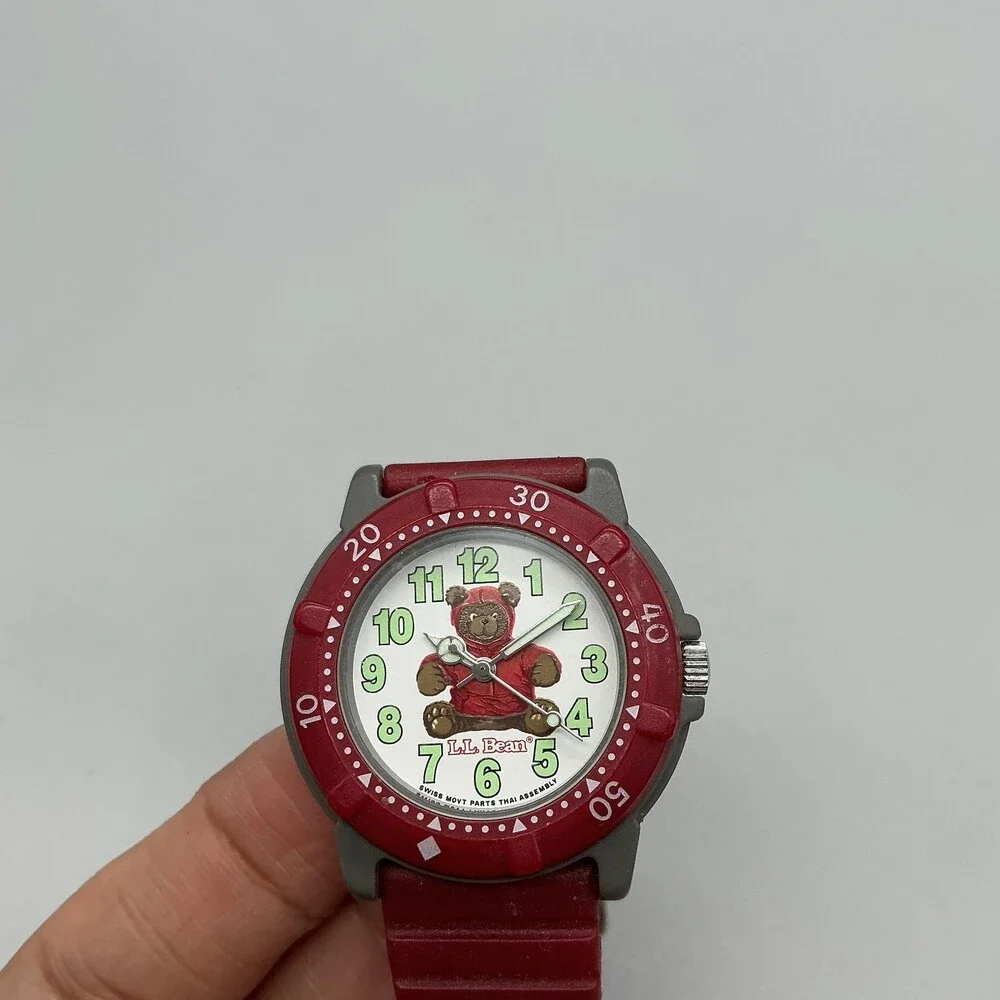 L.L. Bean Bear Women Watch 36mm White Dial Gray Red Rubber Band New Battery
